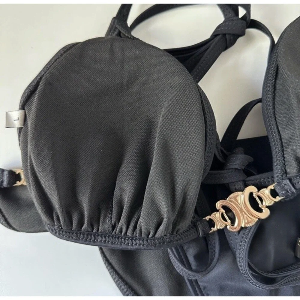 Trendy Black & Gold Bikini Set - Black High Waist Two Piece Swimsuit